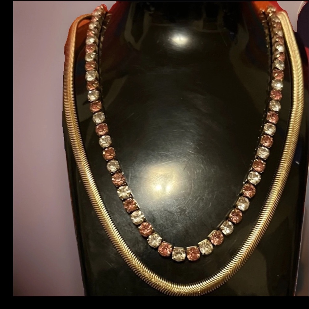 2-Necklaces 1 Gold Rope/Pink & White Sapphire Gold Worn As 1 R 2 Necklace